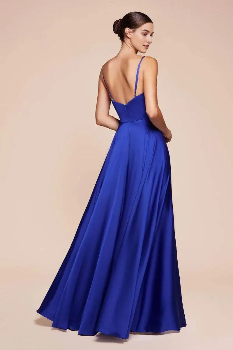 Elegant Royal Blue Satin Prom Gown with Plunging V Neck Ruched Bodiceand High Side Slit for Formal Occasions