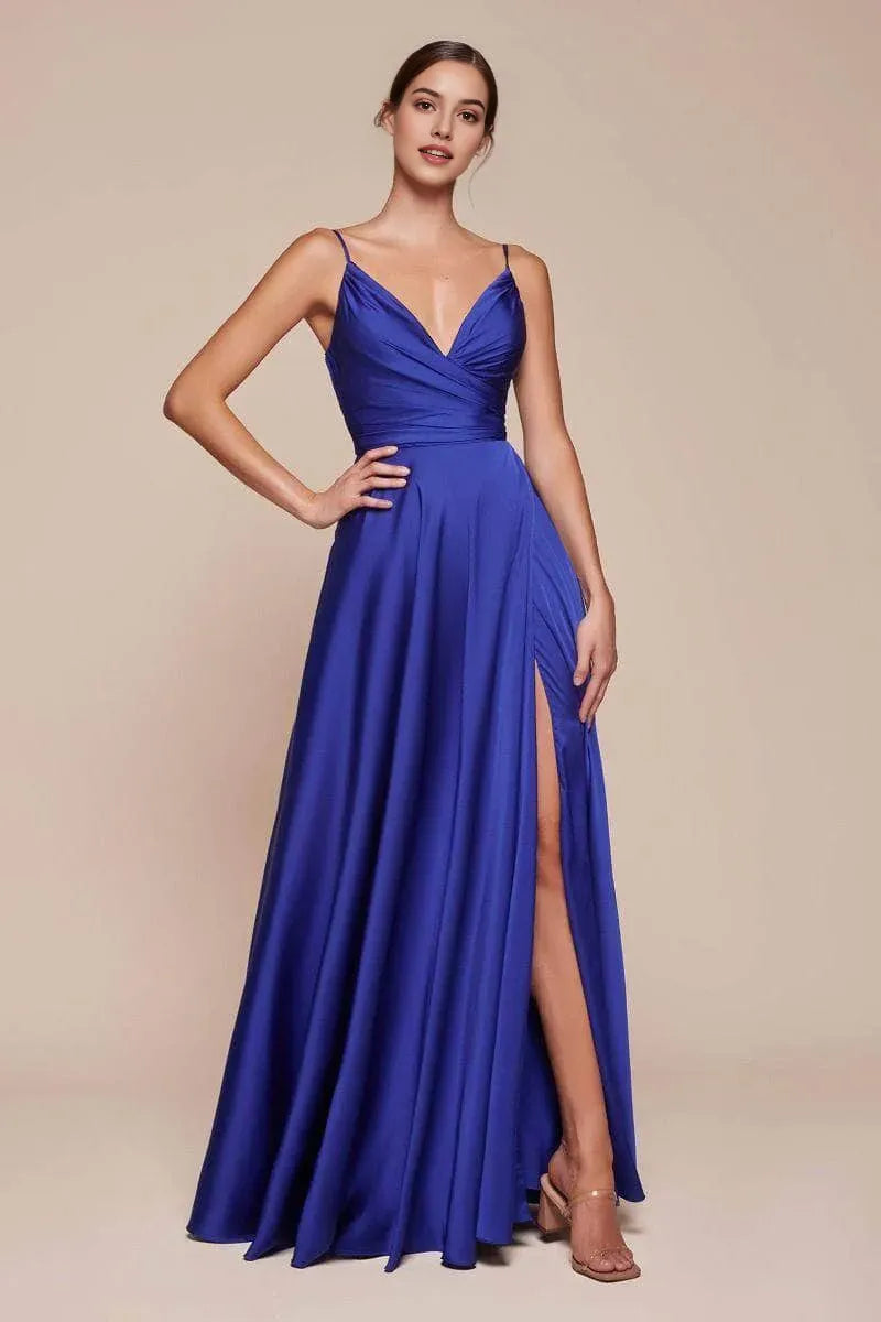 Elegant Royal Blue Satin Prom Gown with Plunging V Neck Ruched Bodiceand High Side Slit for Formal Occasions