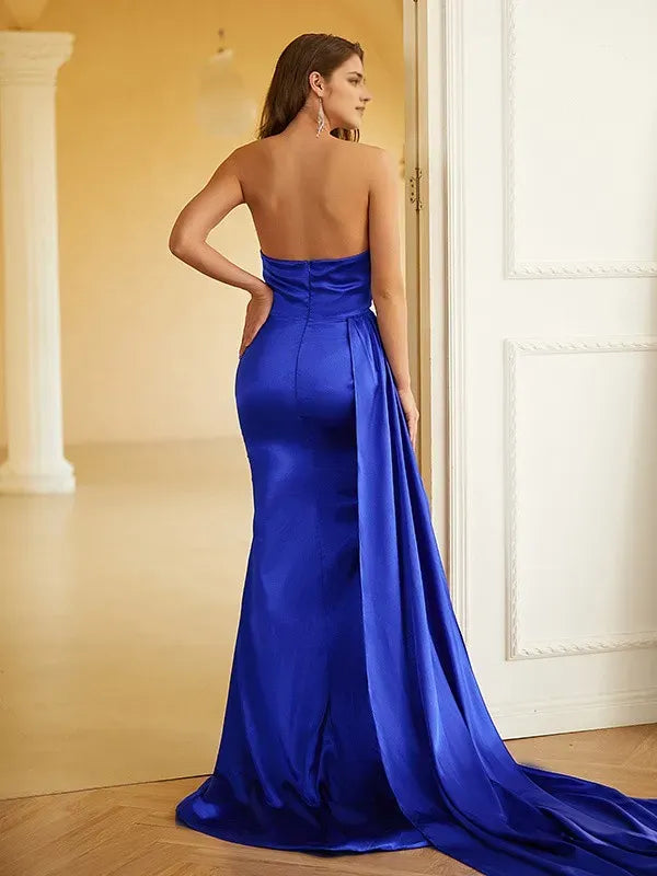 Elegant Royal Blue Sheath One-Shoulder Sleeveless Back Zip Satin Ruched Prom Dresses with Sweep/Brush Train ﻿