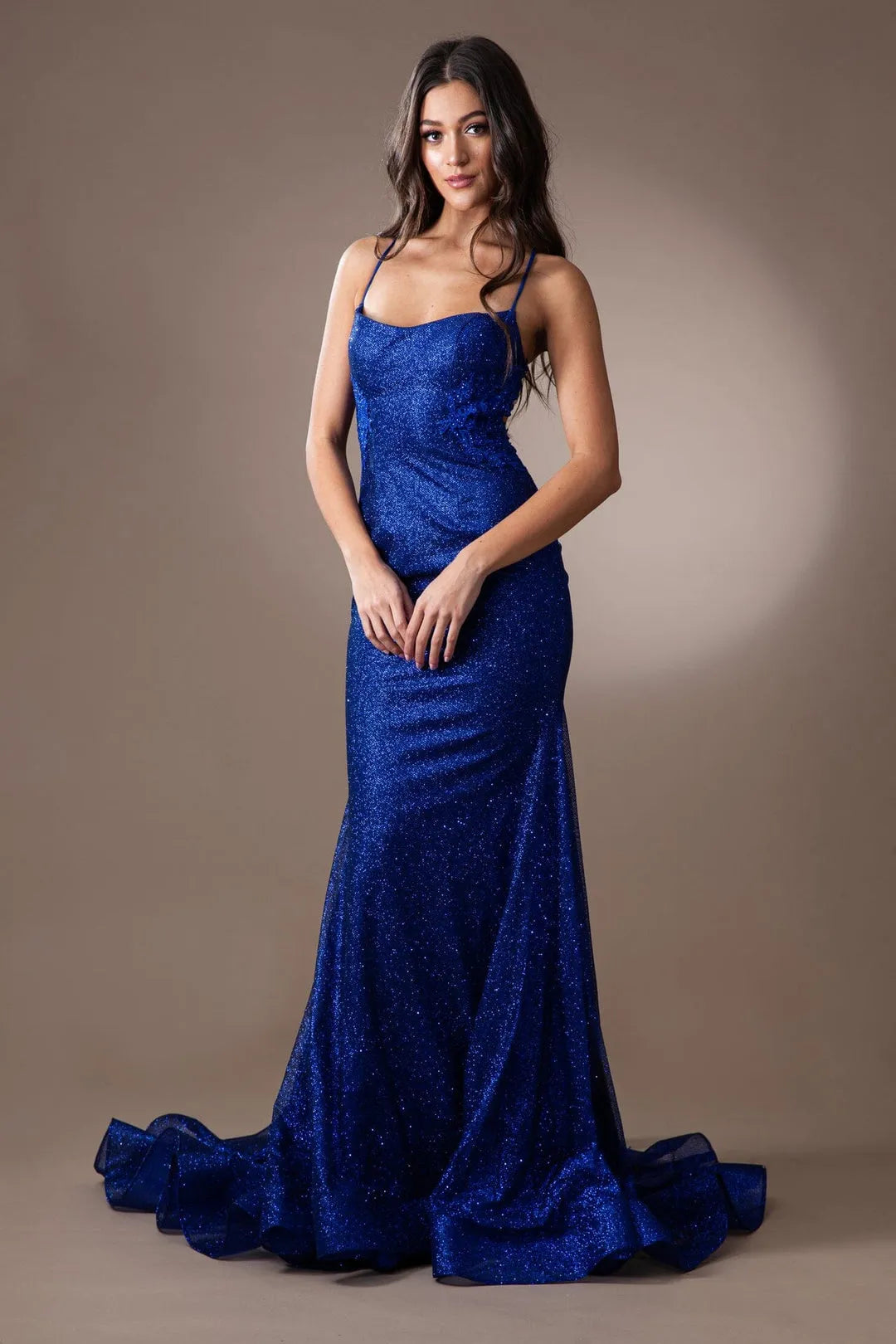 Elegant Royal Blue Sparkle Mermaid Prom Dress Spaghetti Strap Formal Evening Gown with Glittering Fabric Flowy Train Perfect for Gala Ball Evening Party High End Occasions Women's Special Event Attire