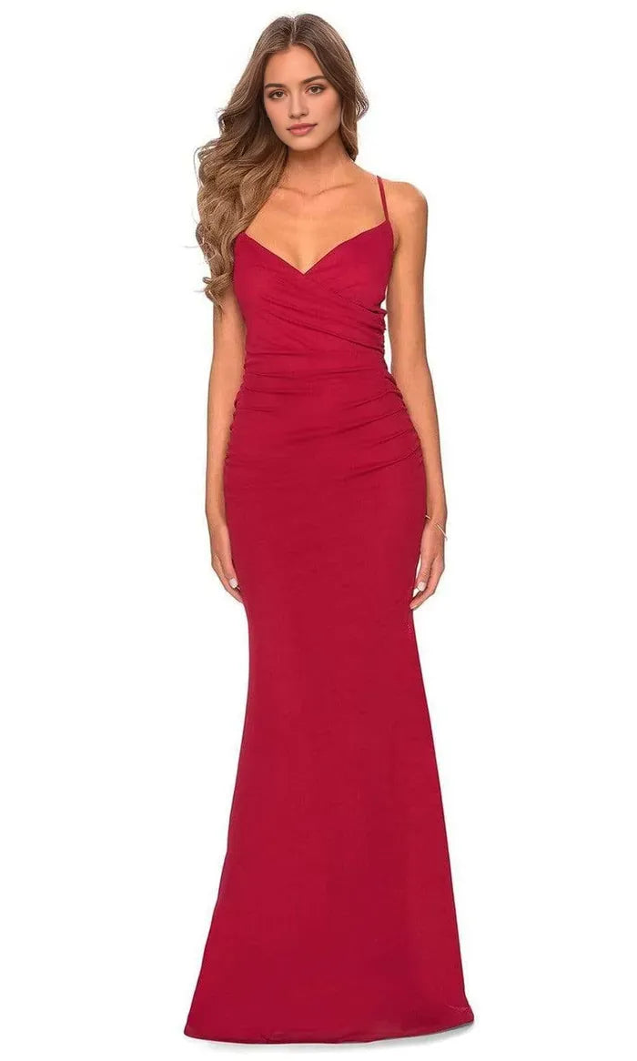 Elegant Ruby - Red Chiffon Mermaid Prom Dress with Spaghetti Straps and Draped Bodice