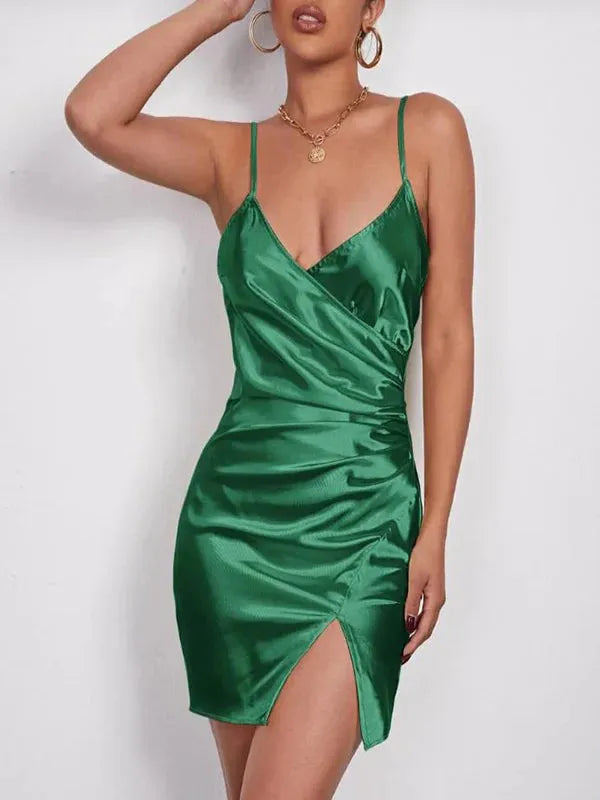 Elegant Ruched Green Bodycon Homecoming Dresses Spaghetti Straps Plunging V - Neck Satin Fabric High Slit