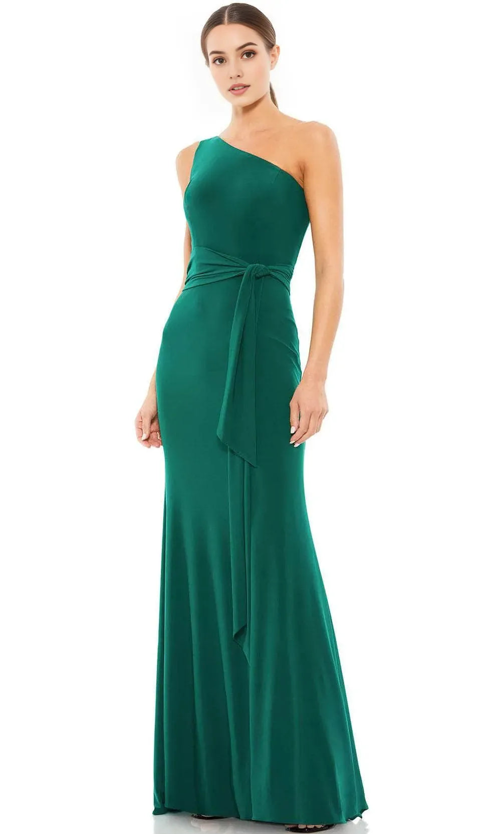 Elegant Rust Colored One - Shoulder Prom Gown with Waist Tie Detail Crafted from Luxurious Satin for a Flattering Fit at Formal Occasions