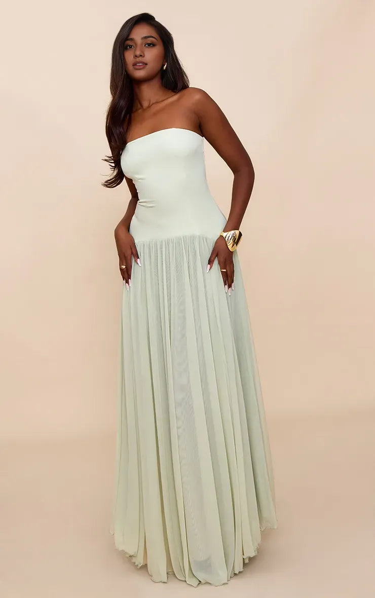 Elegant Sage A-Line Strapless Sleeveless Pleated Backless Chiffon Floor-Length Prom Dresses Hot Sale