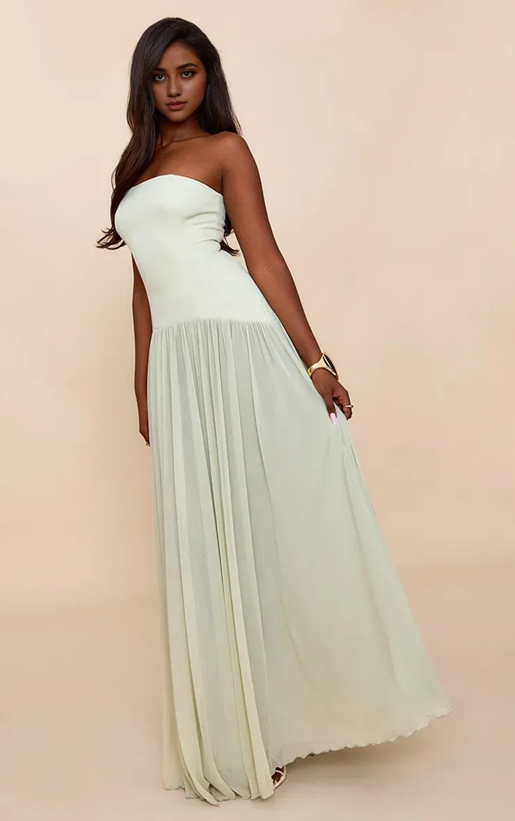Elegant Sage A-Line Strapless Sleeveless Pleated Backless Chiffon Floor-Length Prom Dresses Hot Sale