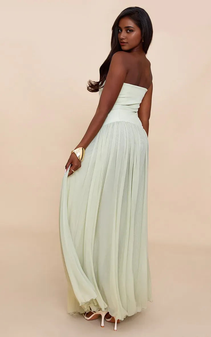 Elegant Sage A-Line Strapless Sleeveless Pleated Backless Chiffon Floor-Length Prom Dresses Hot Sale
