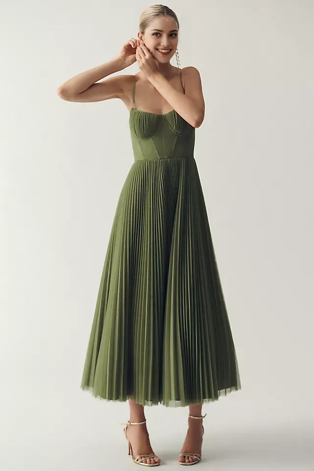Elegant Sage Green A-Line Sweetheart Spaghetti-Strap Pleated Tulle Back Zip Tea-Length Prom Dress