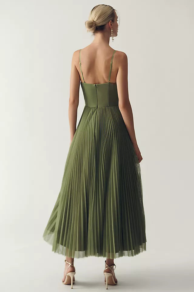 Elegant Sage Green A-Line Sweetheart Spaghetti-Strap Pleated Tulle Back Zip Tea-Length Prom Dress