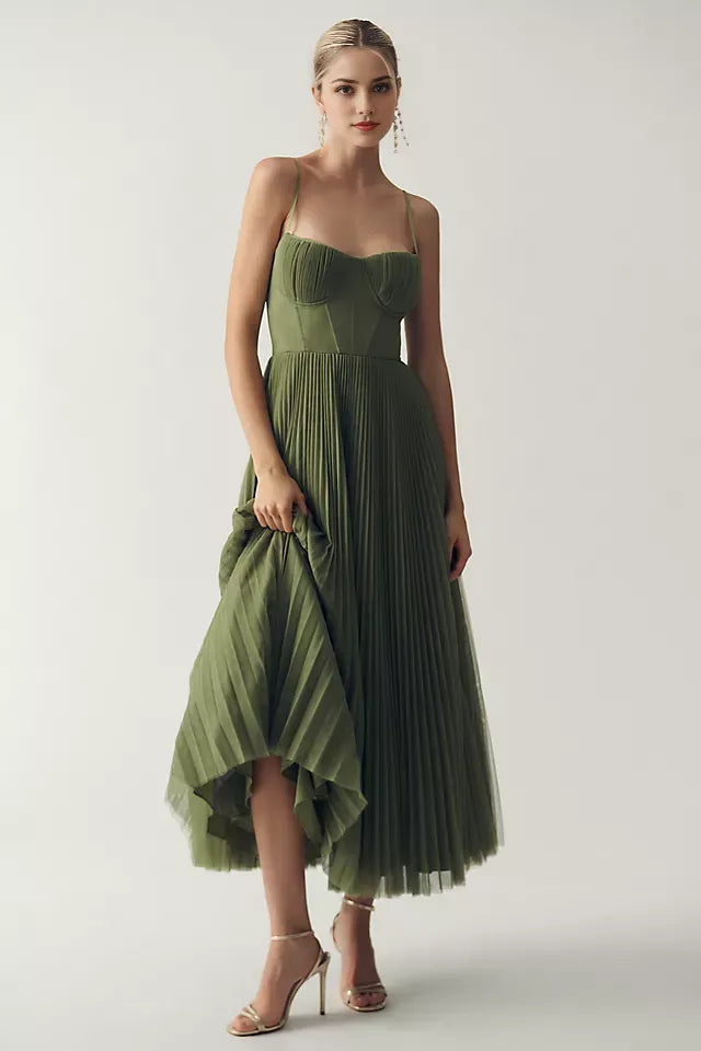 Elegant Sage Green A-Line Sweetheart Spaghetti-Strap Pleated Tulle Back Zip Tea-Length Prom Dress