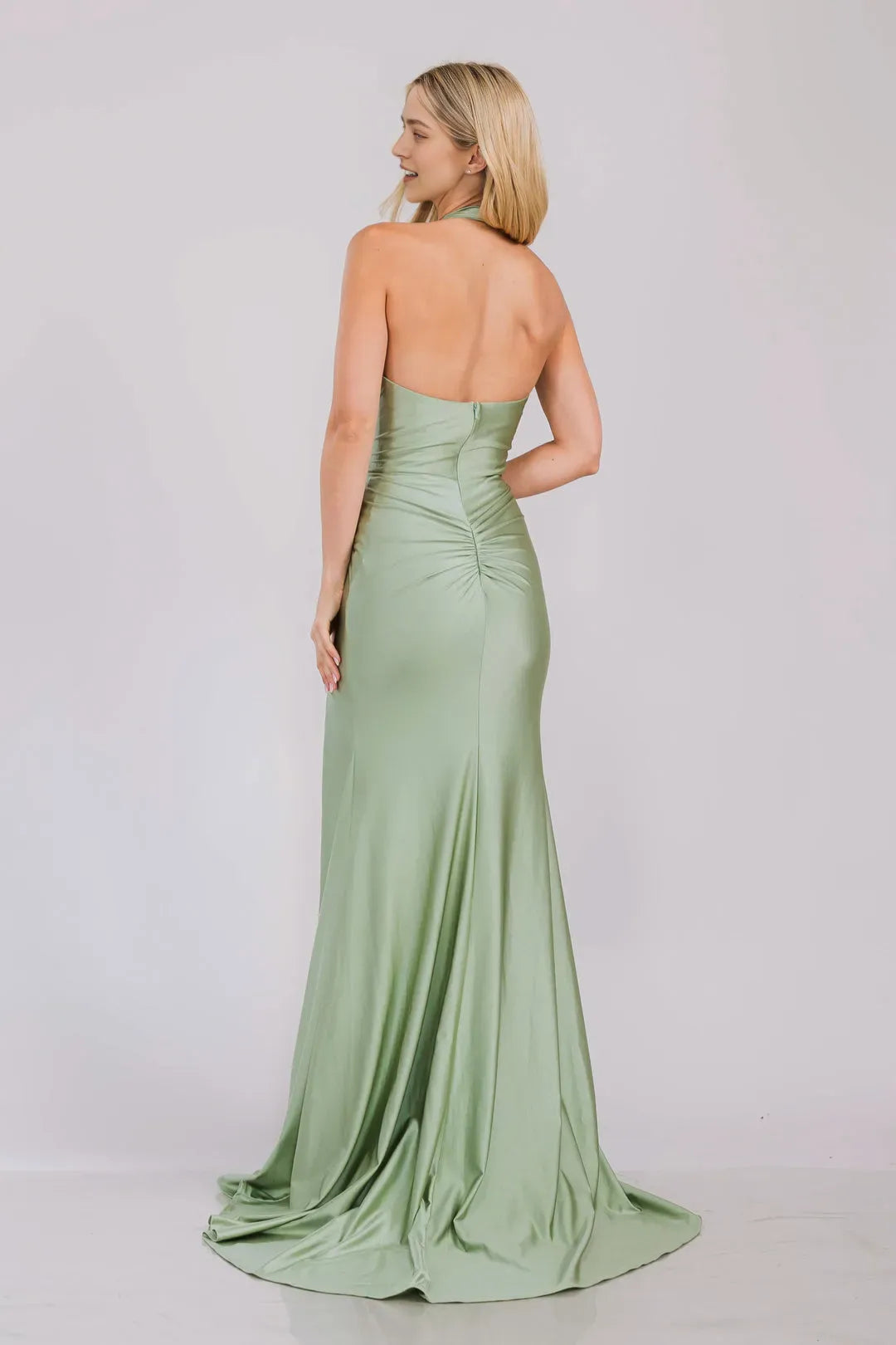 Elegant Sage Green Halter - Neck Satin Prom Dress with Ruched Detailing High Side Slit and Mermaid Silhouette for Formal Occasions