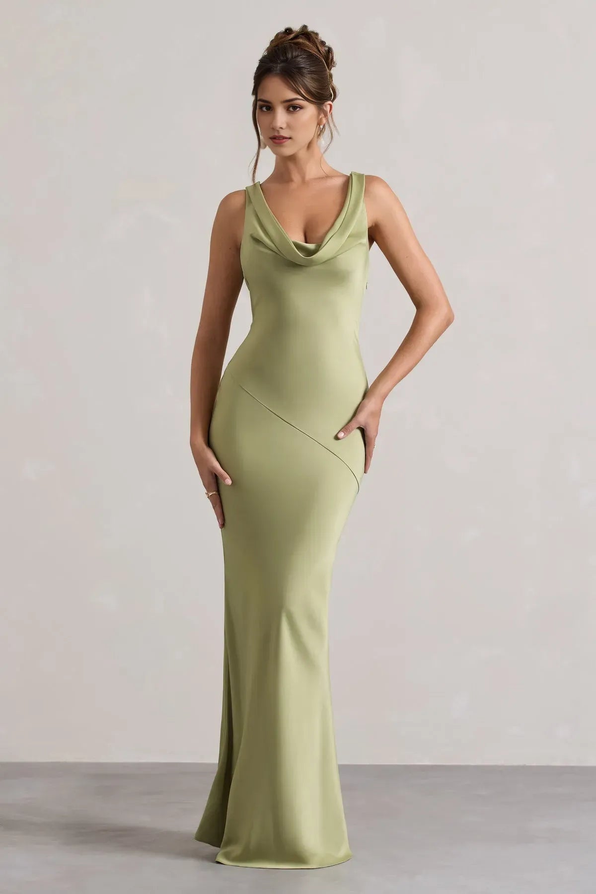 Elegant Sage Green Satin Mermaid Prom Dresses with Cowl Neckline and Asymmetric Seam Detail for a Sophisticated Evening Look
