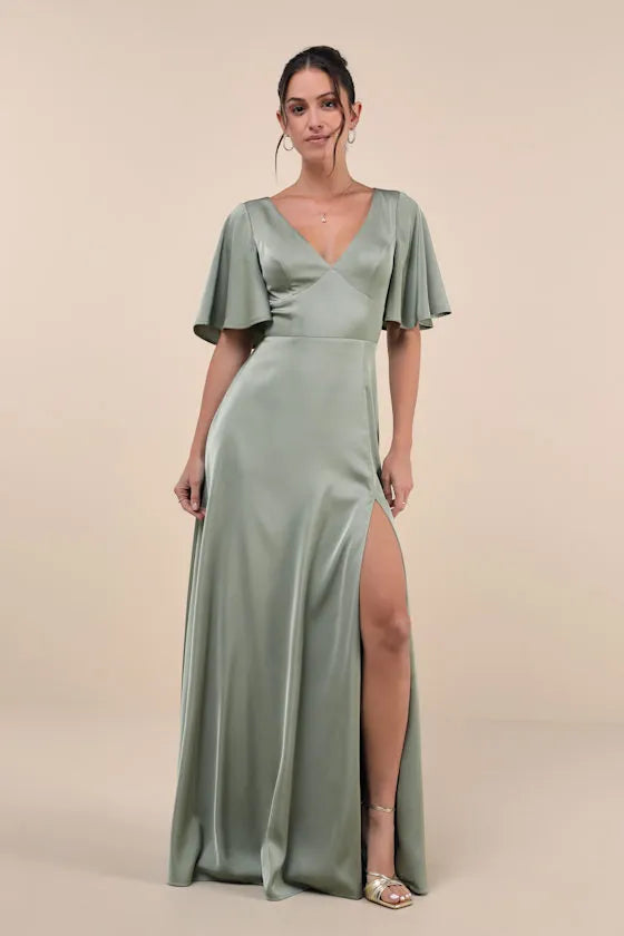 Elegant Sage Green Satin Prom Dress with Flutter Sleeves Plunging V Neckline Figure Hugging Fit and High Thigh Side Slit for Formal Occasions