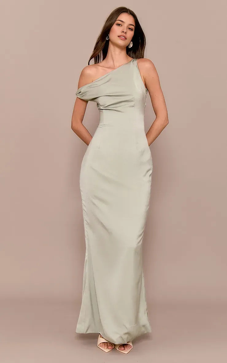 Elegant Sage Green Sheath One-Shoulder Sleeveless Satin Back Slit Ankle-Length Prom Dresses Hot Sale