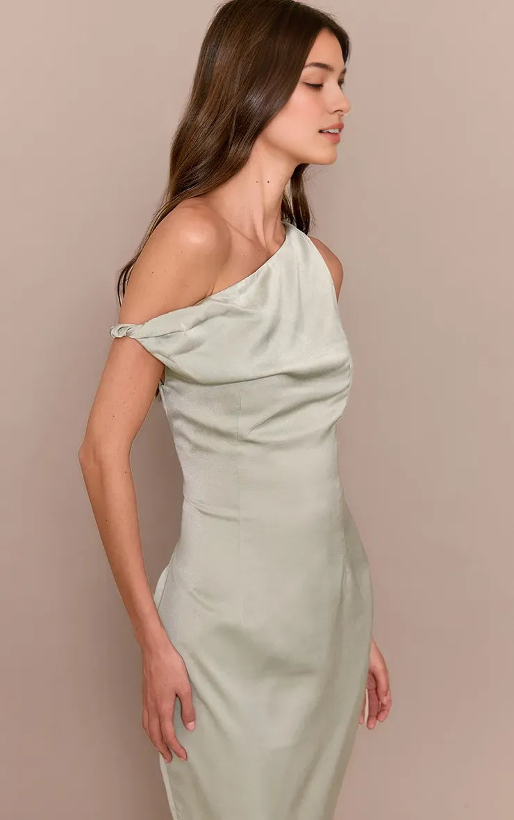 Elegant Sage Green Sheath One-Shoulder Sleeveless Satin Back Slit Ankle-Length Prom Dresses Hot Sale