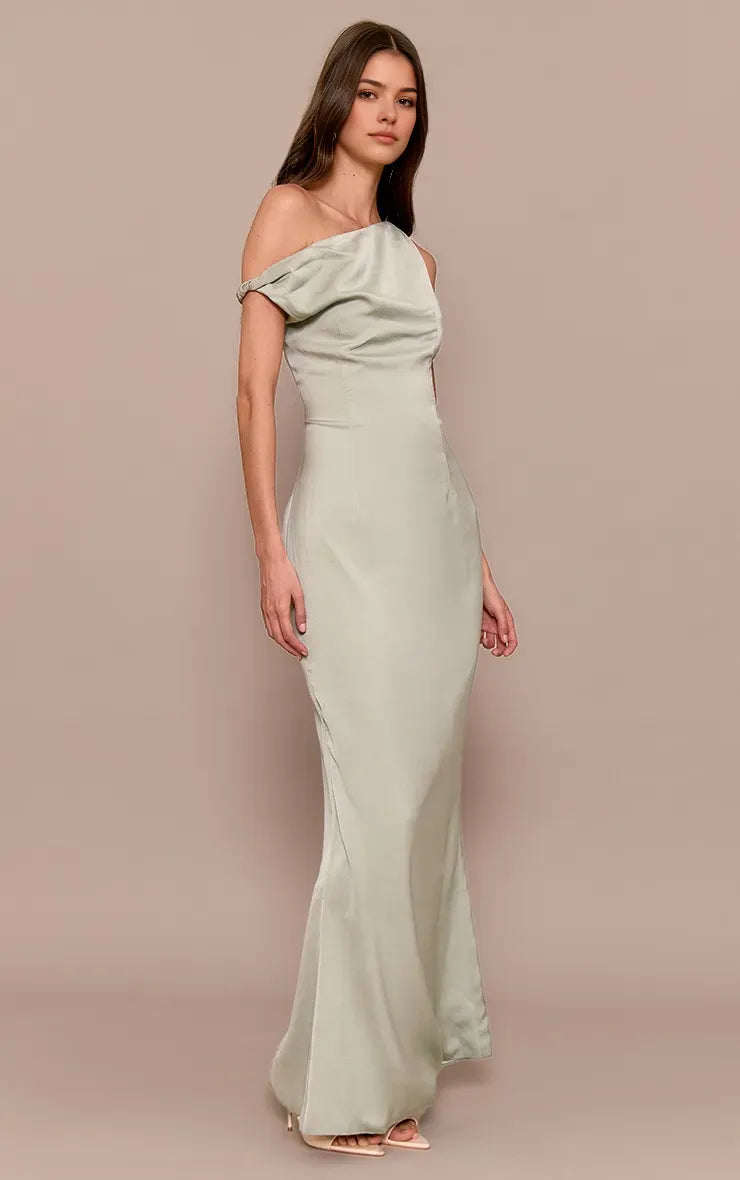 Elegant Sage Green Sheath One-Shoulder Sleeveless Satin Back Slit Ankle-Length Prom Dresses Hot Sale