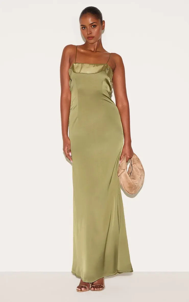 Elegant Sage Green Sheath Spaghetti-Strap Sleeveless Draped Ruffled Backless Satin Ankle-Length Prom Dresses