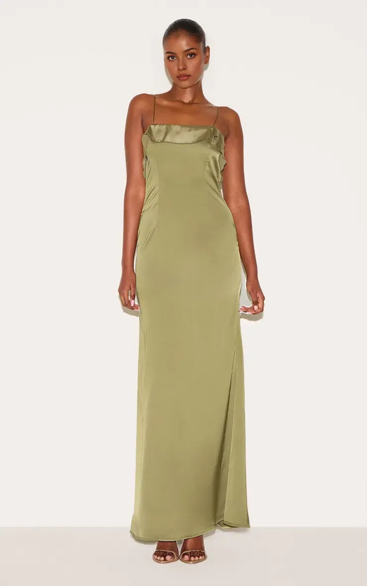 Elegant Sage Green Sheath Spaghetti-Strap Sleeveless Draped Ruffled Backless Satin Ankle-Length Prom Dresses