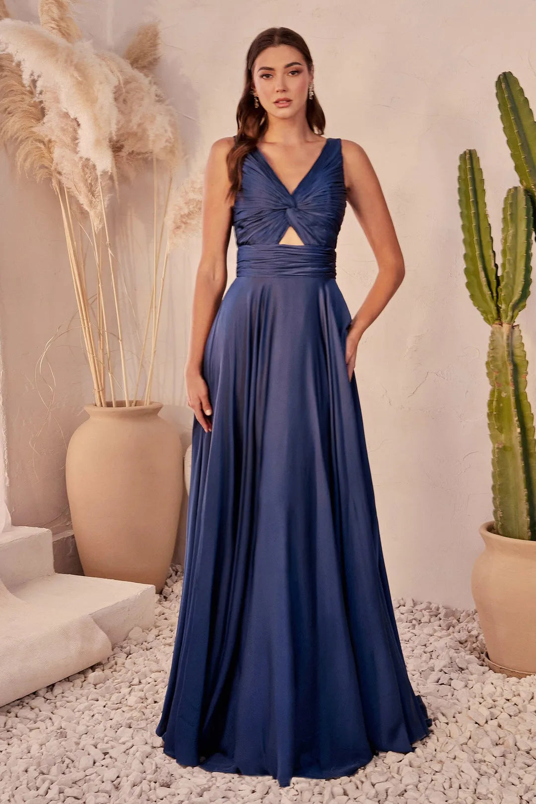 Elegant Sage Green Sleeveless Prom Gown with Twisted Cut Out Bodice and Flowy Skirt for Formal Occasions