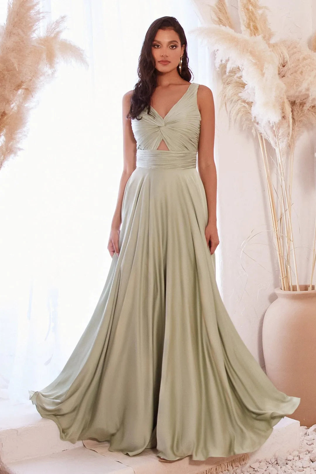 Elegant Sage Green Sleeveless Prom Gown with Twisted Cut Out Bodice and Flowy Skirt for Formal Occasions