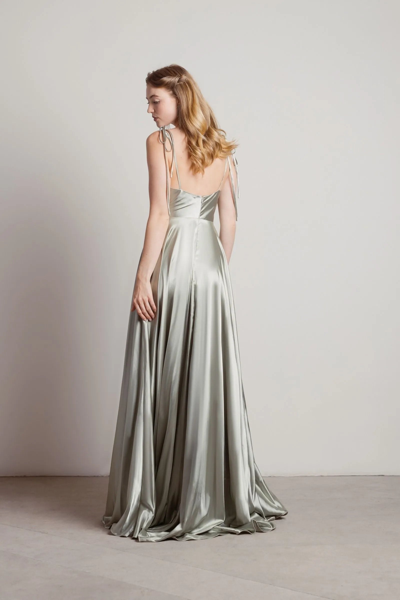 Elegant Sage Sheath Cowl Neck Spaghetti-Strap Satin Back Zip High Side Slit Floor-Length Hot Sale