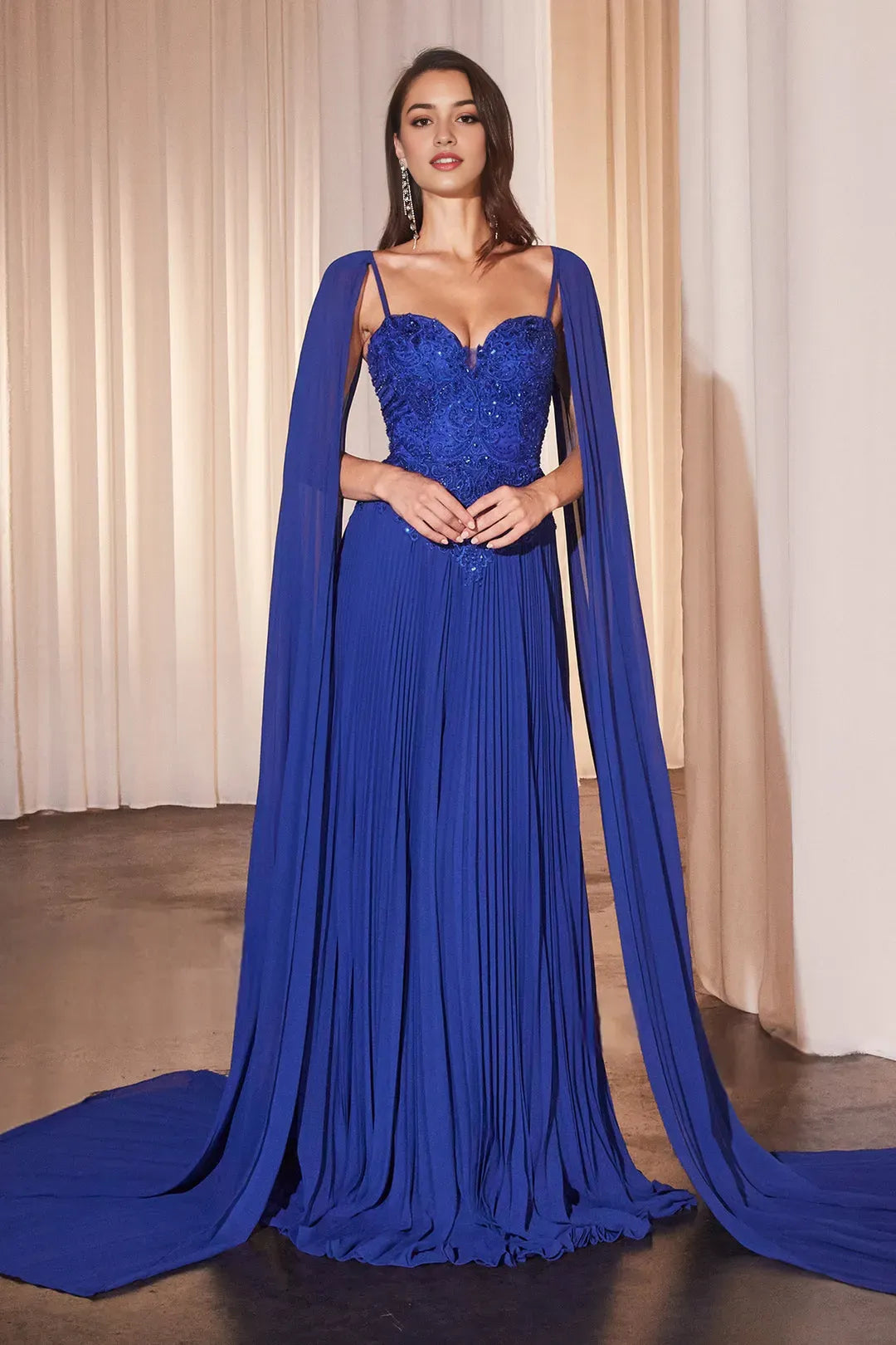 Elegant Sapphire Blue Evening Gown with Beaded Lace Top Sheer Cape Overlay and Flowy Pleats for Prom Nights