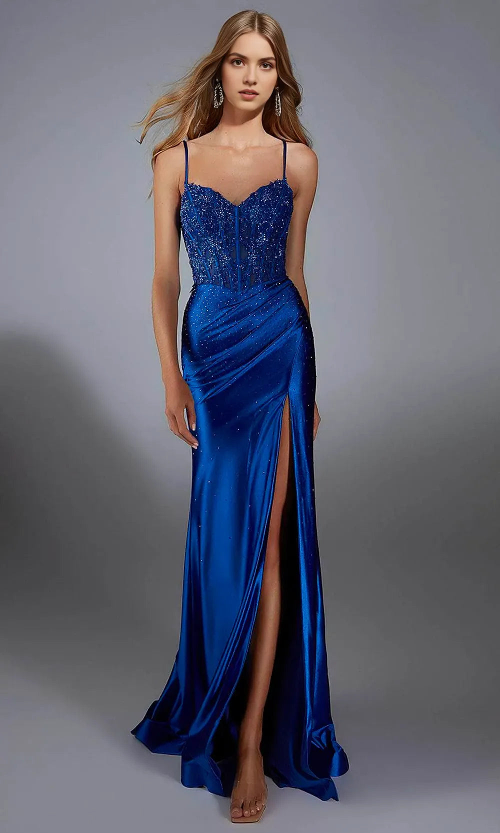 Elegant Sapphire Blue Satin Prom Dress Beaded Bodice Subtle Slit Understated Sophistication for Minimalist Galas