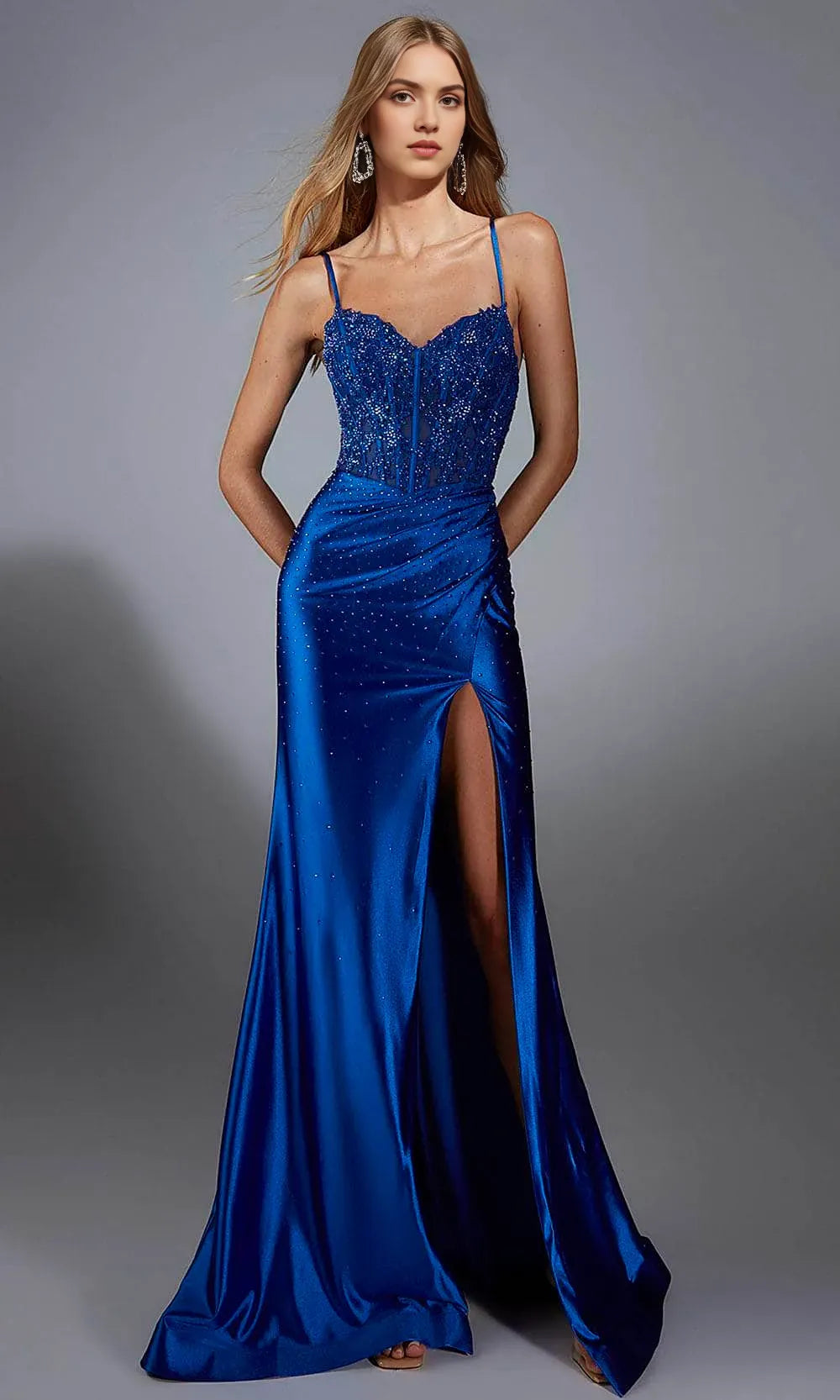 Elegant Sapphire Blue Satin Prom Dress Beaded Bodice Subtle Slit Understated Sophistication for Minimalist Galas