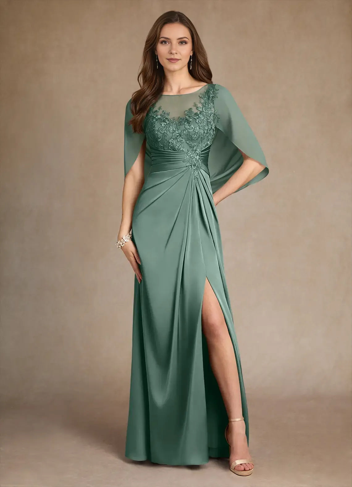 Elegant Satin A-Line Round Neck Cape Sleeve Lace Pleated Embellished Back Zip Side Leg Slit Floor - Length Prom Dresses
