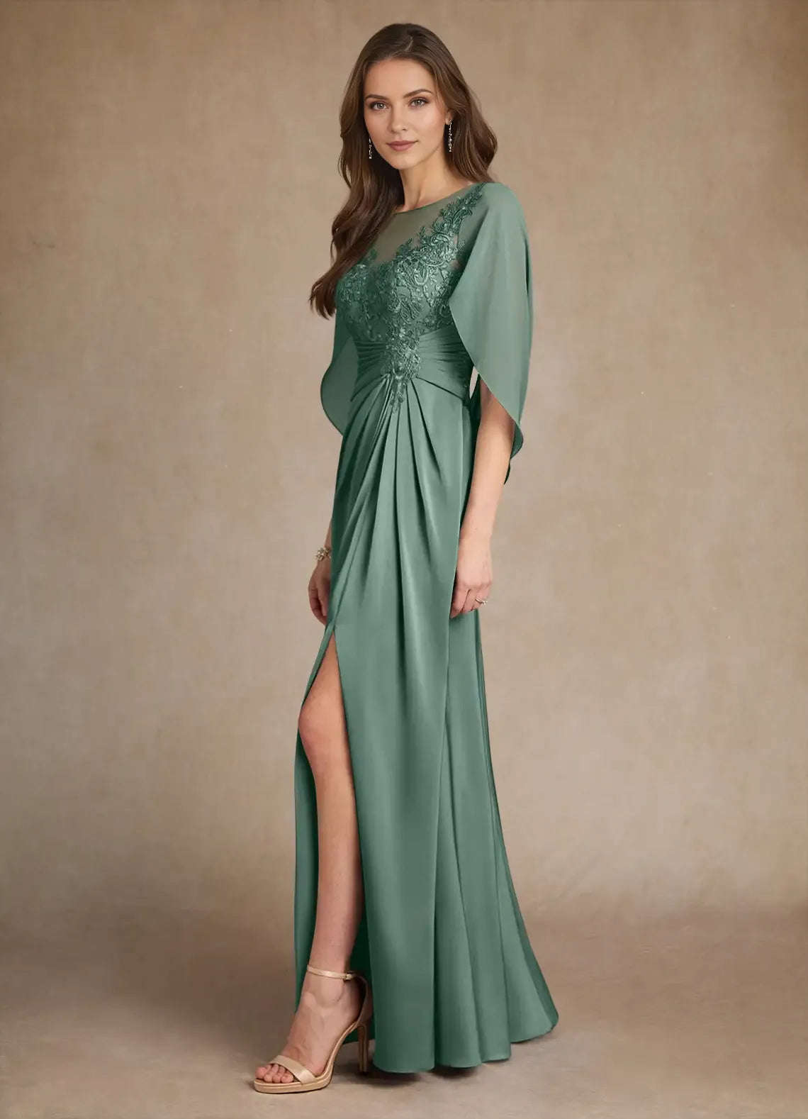 Elegant Satin A-Line Round Neck Cape Sleeve Lace Pleated Embellished Back Zip Side Leg Slit Floor - Length Prom Dresses