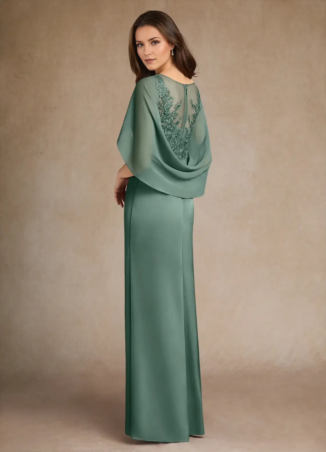 Elegant Satin A-Line Round Neck Cape Sleeve Lace Pleated Embellished Back Zip Side Leg Slit Floor - Length Prom Dresses