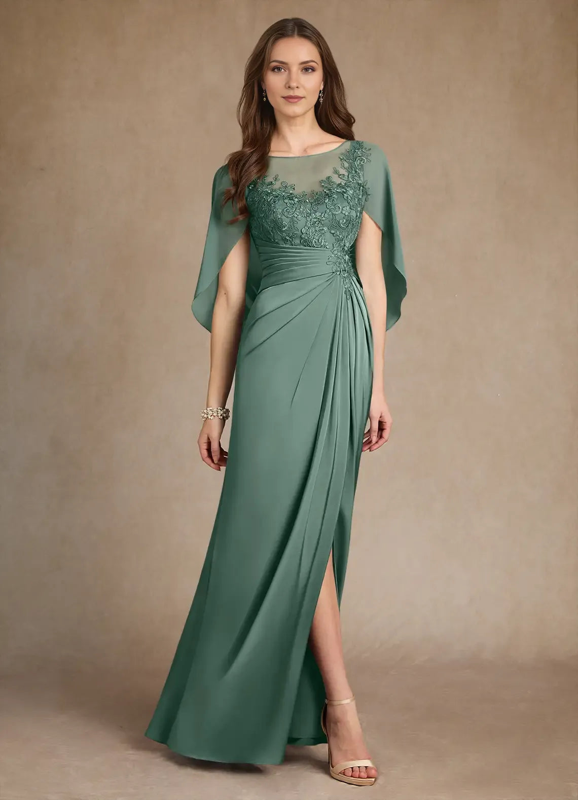 Elegant Satin A-Line Round Neck Cape Sleeve Lace Pleated Embellished Back Zip Side Leg Slit Floor - Length Prom Dresses