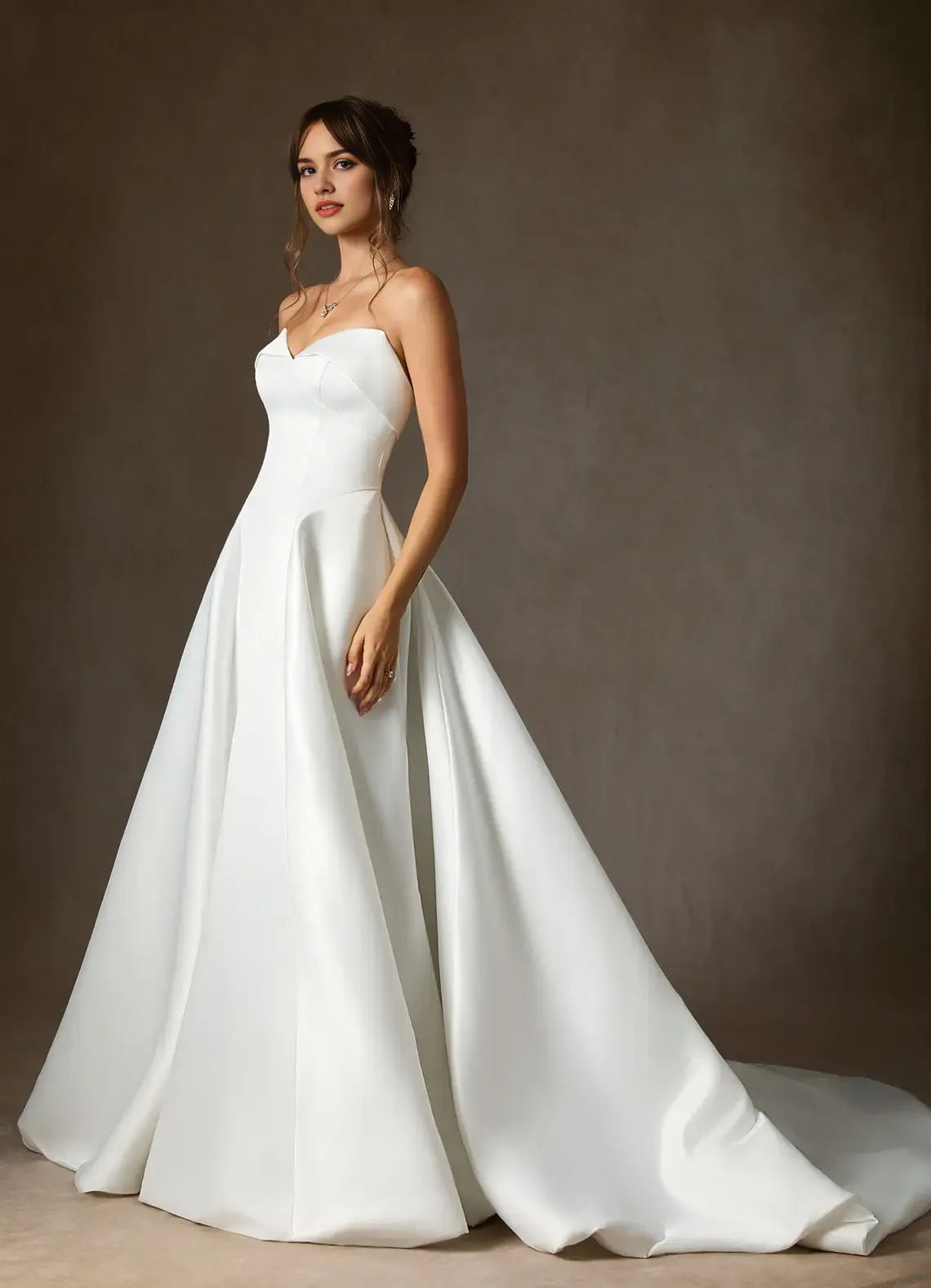 Elegant Satin A-Line Wedding Dress Strapless Sweetheart Neck Structured Silhouette Subtle Volume Floor Length Train Ideal for Formal Bridal Looks