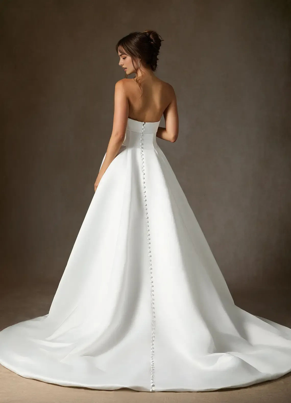 Elegant Satin A-Line Wedding Dress Strapless Sweetheart Neck Structured Silhouette Subtle Volume Floor Length Train Ideal for Formal Bridal Looks