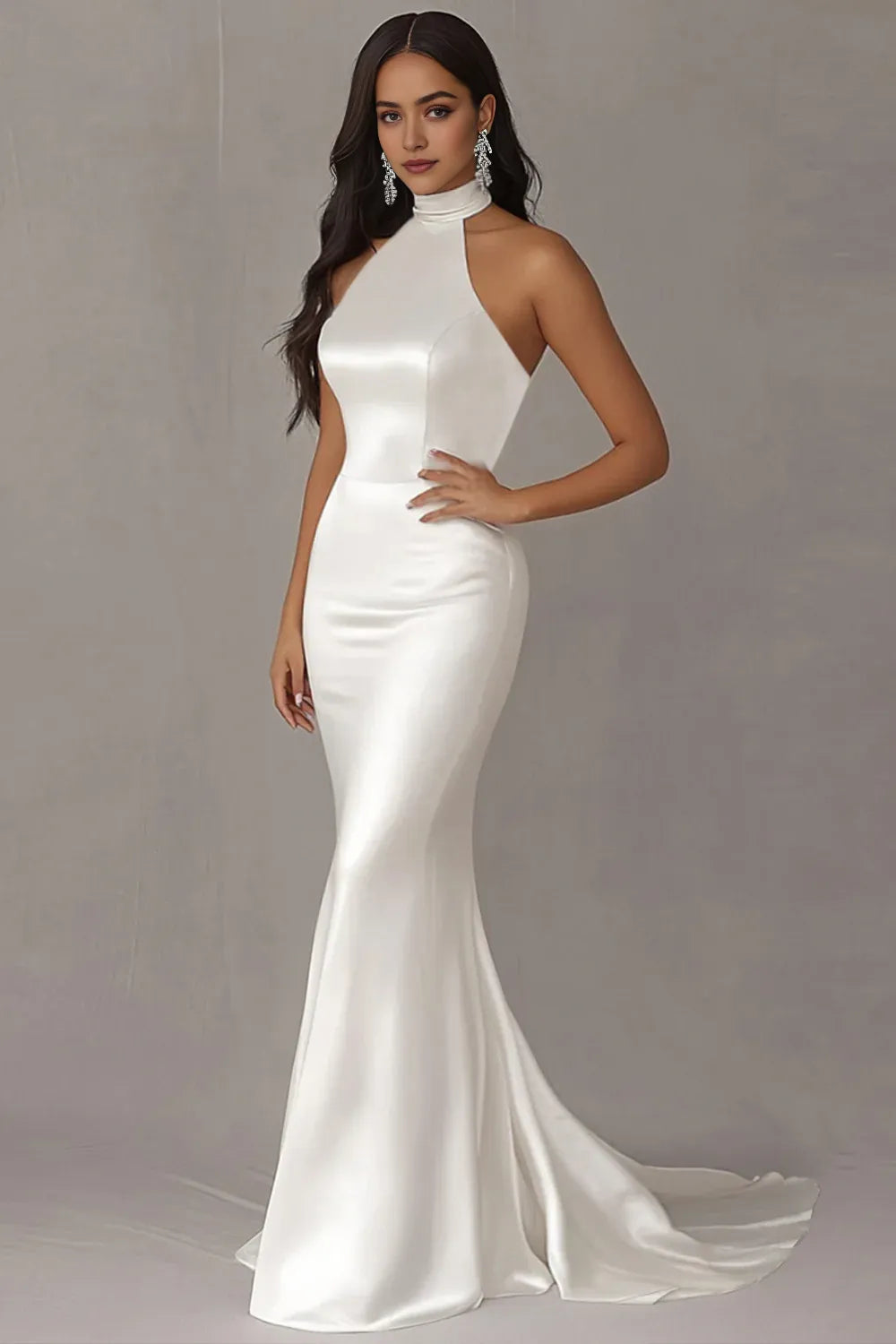 Elegant Satin Halter Ivory Mermaid Wedding Dress