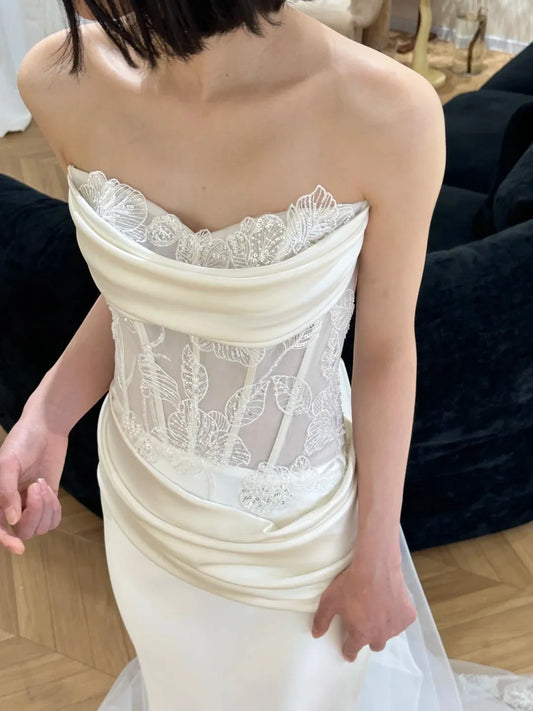 Elegant  Satin Lace Mermaid Wedding Dress with Strapless Draped Neckline Sheer Embroidered Corset Detachable