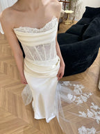 Elegant  Satin Lace Mermaid Wedding Dress with Strapless Draped Neckline Sheer Embroidered Corset Detachable