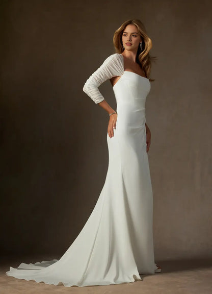 Elegant Satin Mermaid Strapless Crepe Back Wedding Dresses Neckline High Slit Streamlined Silhouette Subtle Draping Ideal for Timeless Bridal Looks