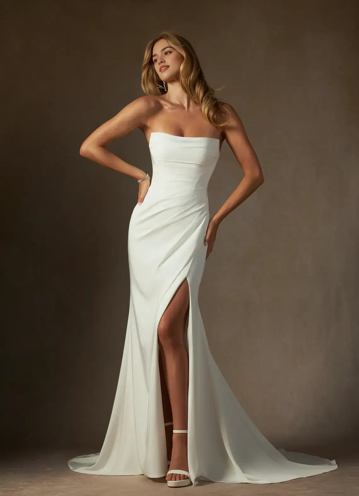 Elegant Satin Mermaid Strapless Crepe Back Wedding Dresses Neckline High Slit Streamlined Silhouette Subtle Draping Ideal for Timeless Bridal Looks