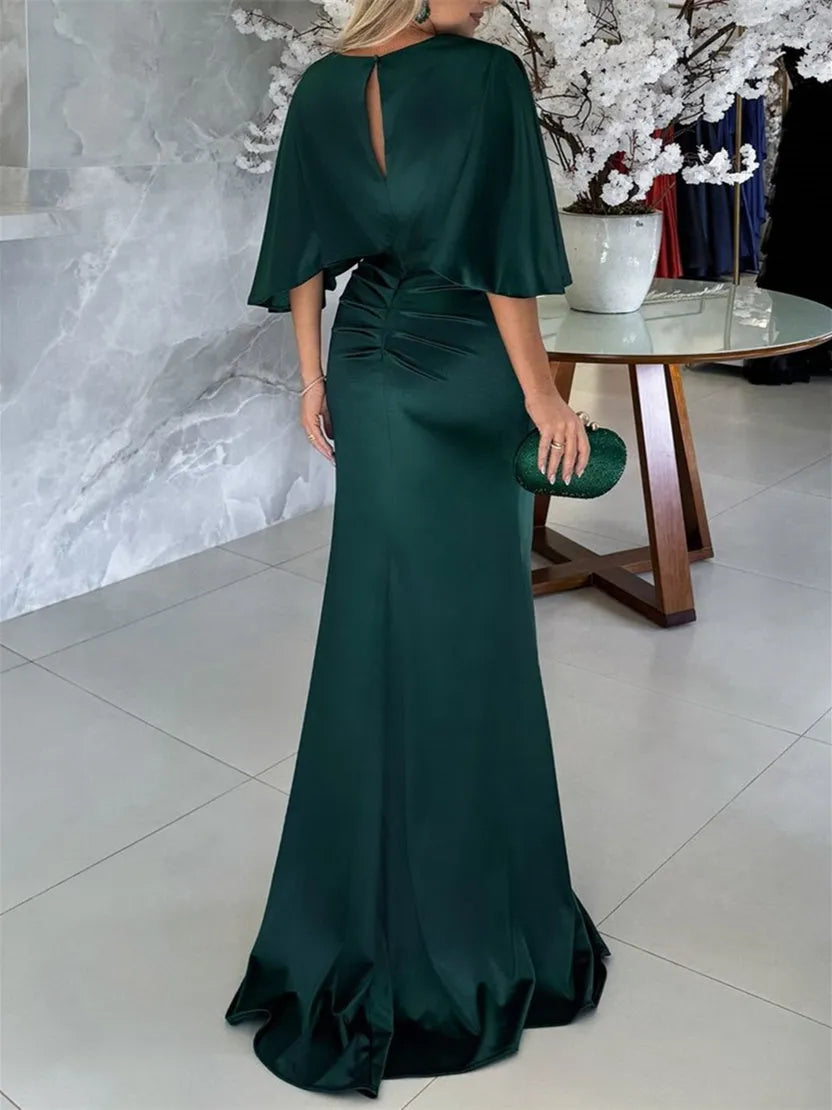 Elegant Satin Mother of the Bride Dress Batwing Sleeves Waist  Cinching Belt Mermaid Hem for Formal Events