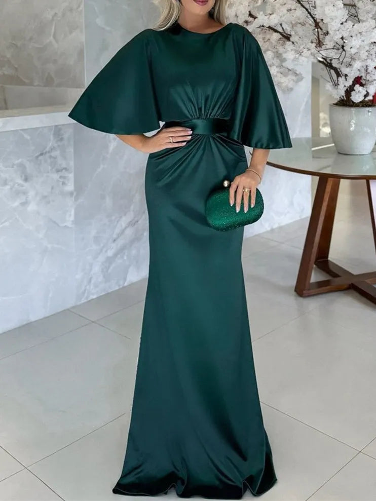 Elegant Satin Mother of the Bride Dress Batwing Sleeves Waist  Cinching Belt Mermaid Hem for Formal Events