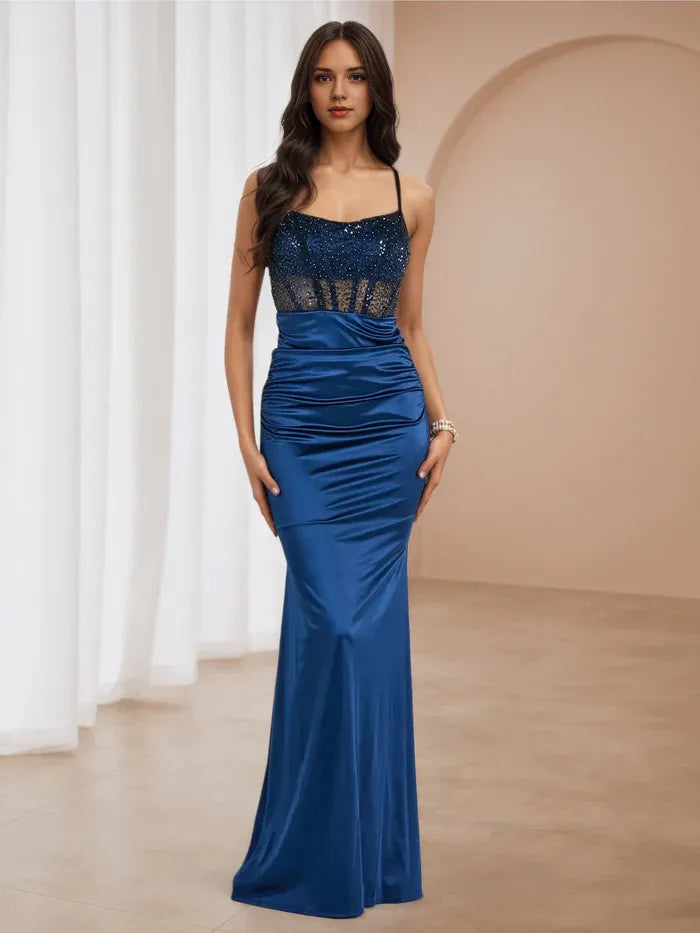 Elegant Satin Navy Prom Gown Beaded Sheer Top Ruched Skirt for Sophisticated Evenings