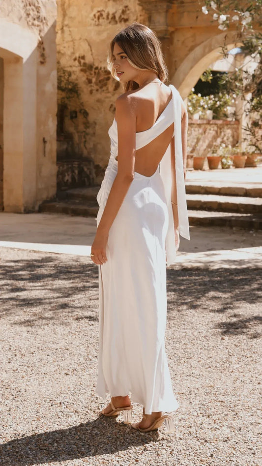 Elegant Satin Prom Gown One - Shoulder Design Side Slit Ruched Detailing Perfect White Maxi Dress for Proms Galas and Evening Celebrations