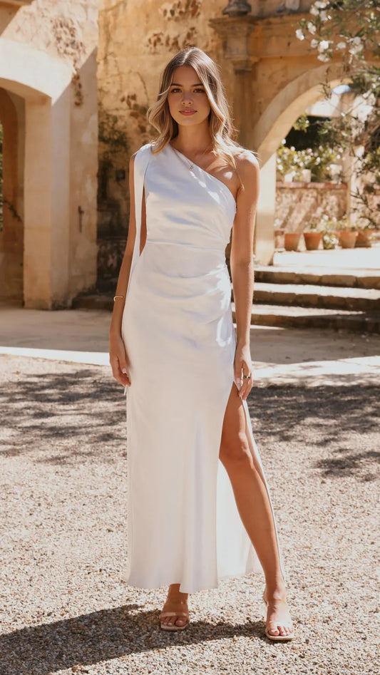 Elegant Satin Prom Gown One - Shoulder Design Side Slit Ruched Detailing Perfect White Maxi Dress for Proms Galas and Evening Celebrations
