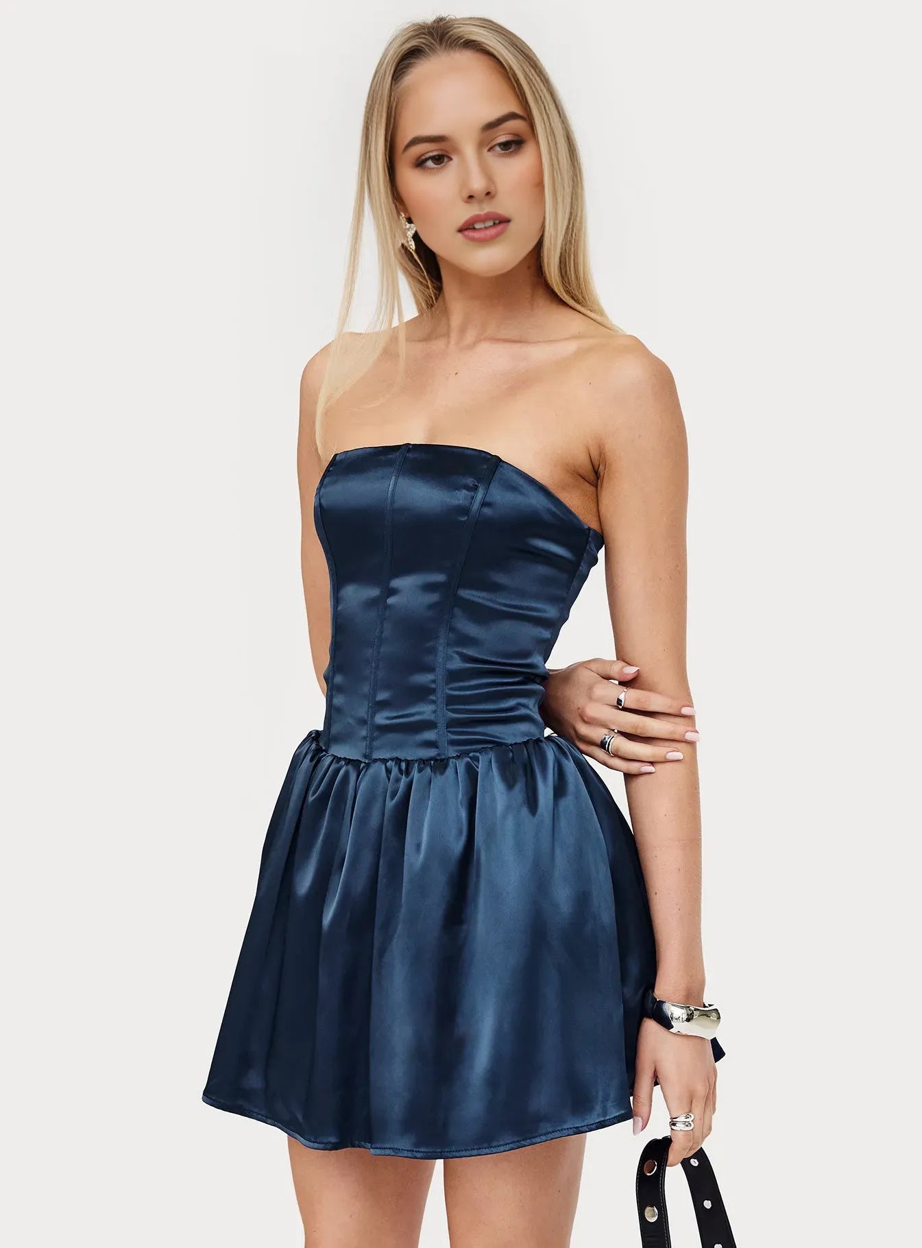 Elegant Satin Strapless Homecoming Dress Navy Blue Flattering Fit Flare Silhouette for a Glamorous Dance Night Look