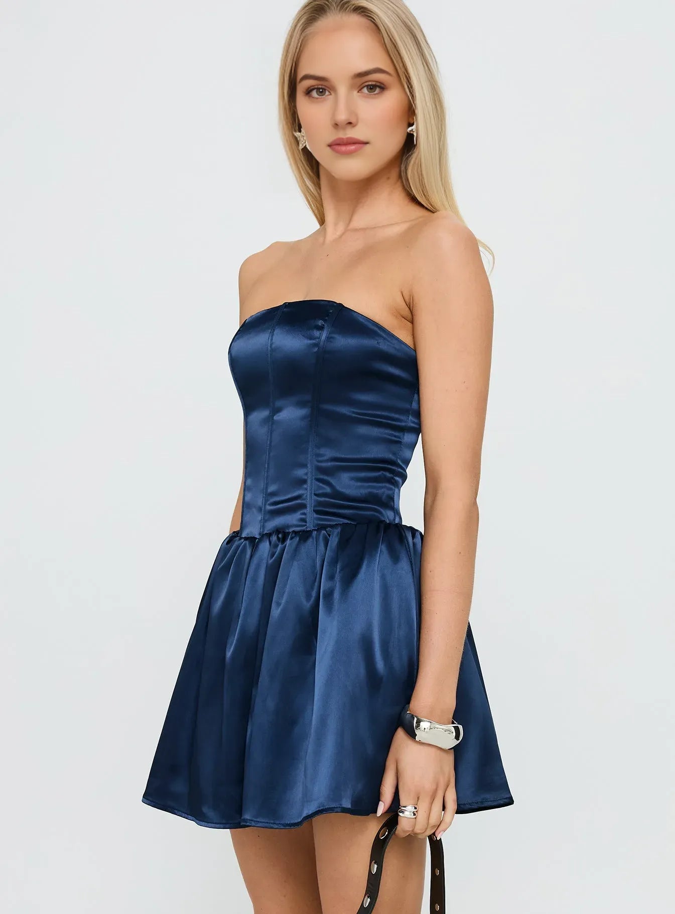 Elegant Satin Strapless Homecoming Dress Navy Blue Flattering Fit Flare Silhouette for a Glamorous Dance Night Look