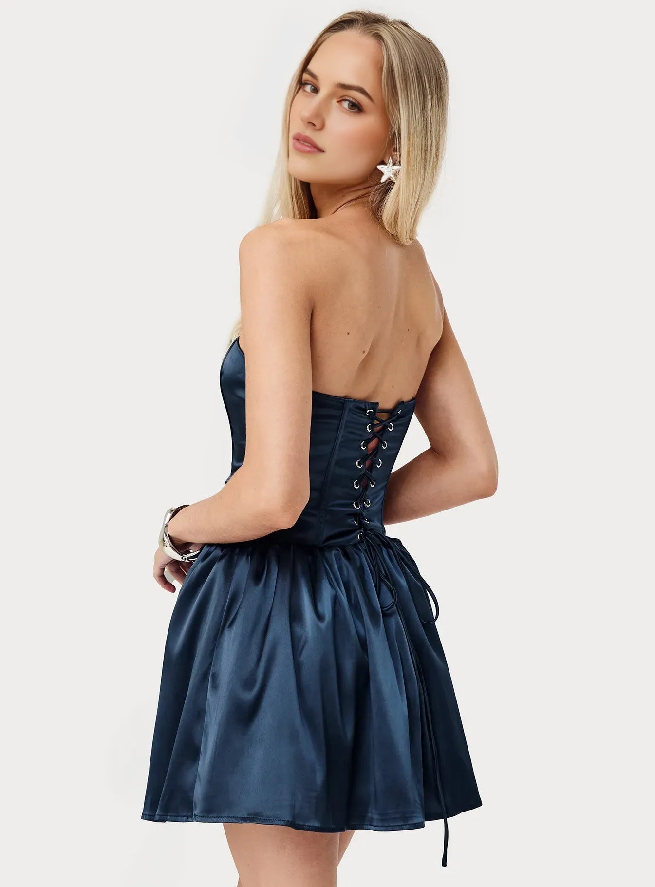 Elegant Satin Strapless Homecoming Dress Navy Blue Flattering Fit Flare Silhouette for a Glamorous Dance Night Look