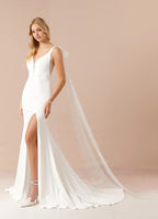 Elegant Satin White Mermaid Crepe Wedding Dresses Floor Length Attire with Tulle Cape Plunging V - Neck High Slit Mermaid Fit Detachable Drape