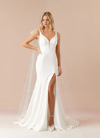 Elegant Satin White Mermaid Crepe Wedding Dresses Floor Length Attire with Tulle Cape Plunging V - Neck High Slit Mermaid Fit Detachable Drape