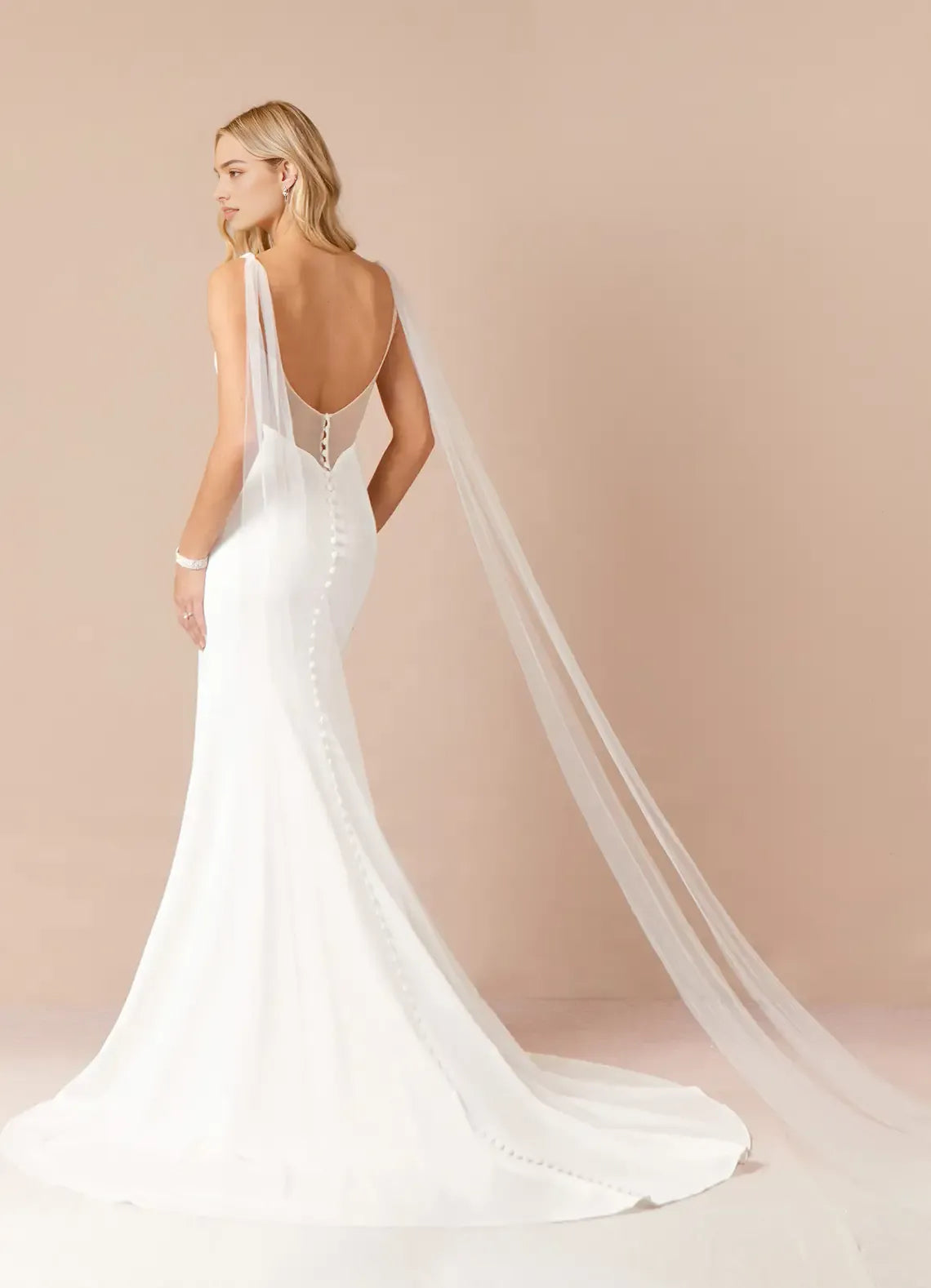 Elegant Satin White Mermaid Crepe Wedding Dresses Floor Length Attire with Tulle Cape Plunging V - Neck High Slit Mermaid Fit Detachable Drape