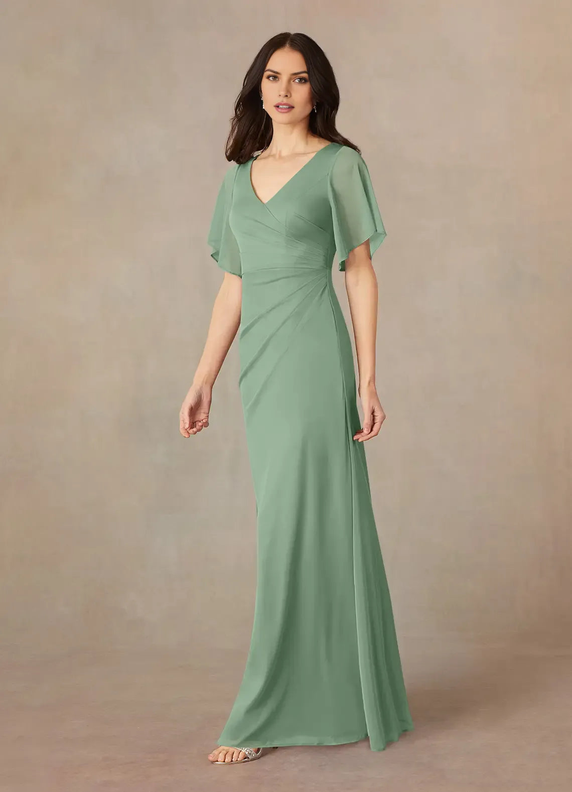 Elegant Sheath A-Line V-Neck Flutter-Sleeve Zip-Back Floor-Length Bridesmaid Mother of the Bride Dress